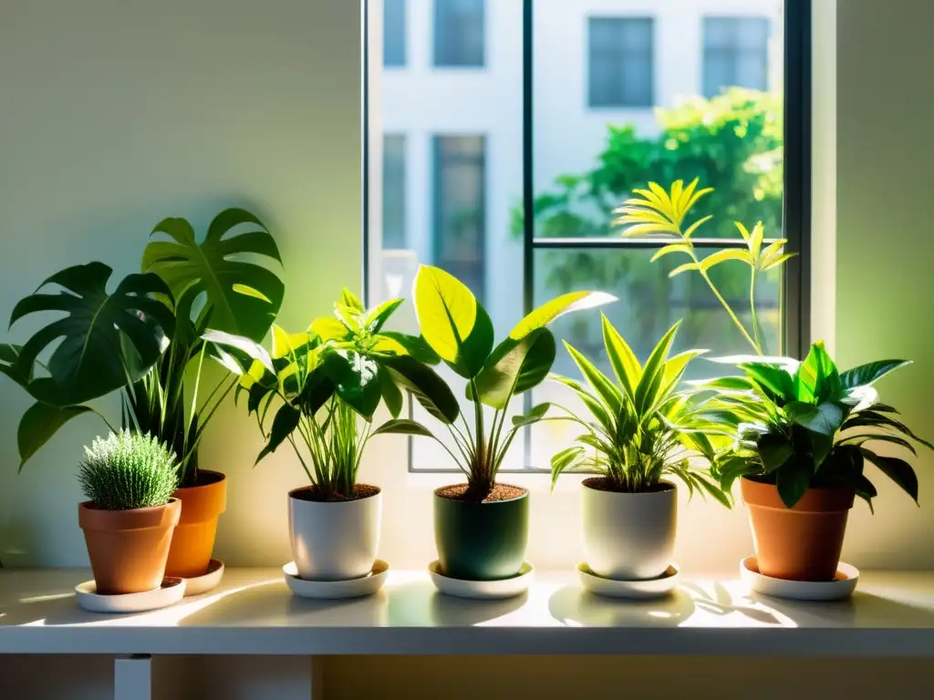 Un ambiente luminoso con variedad de plantas de interior estratégicamente distribuidas según sus necesidades de luz