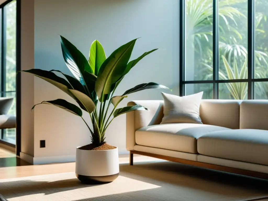 Un ambiente minimalista y elegante con una Dracaena Marginata en un moderno salón