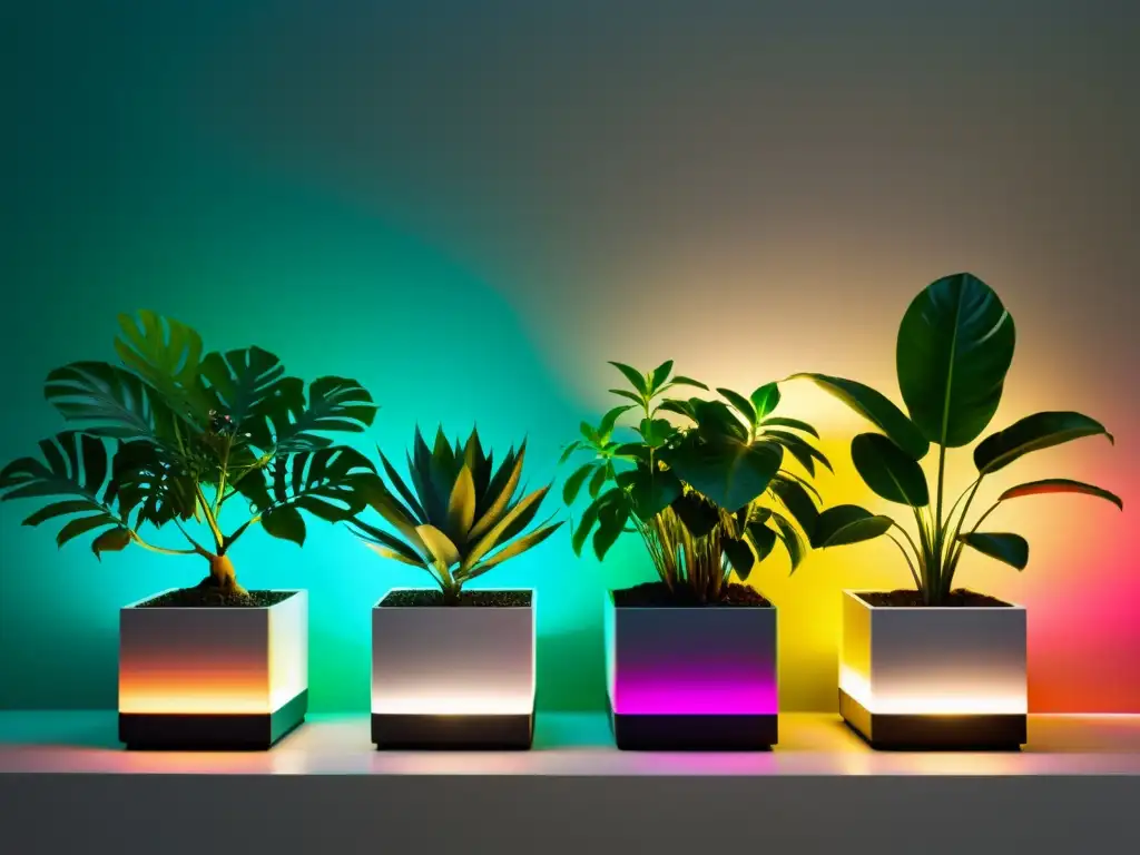 Un ambiente moderno y sofisticado resaltando la diversidad de plantas bajo espectro de luz artificial para plantas