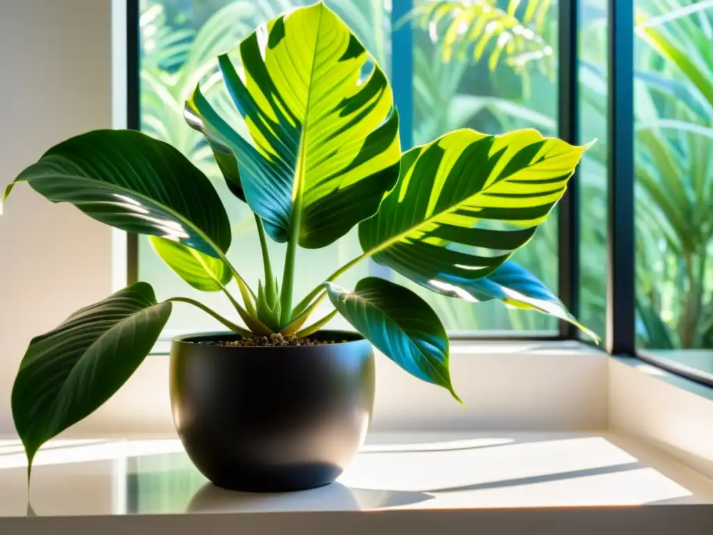 Un ambiente sereno y acogedor con una exuberante planta tropical en maceta, bañada por la luz del sol