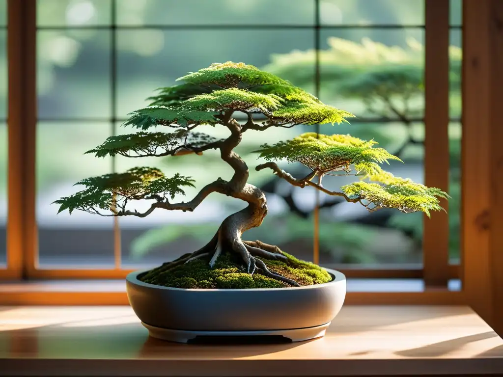 Un ambiente sereno con un bonsái de arce japonés cuidadosamente podado en una mesa de madera