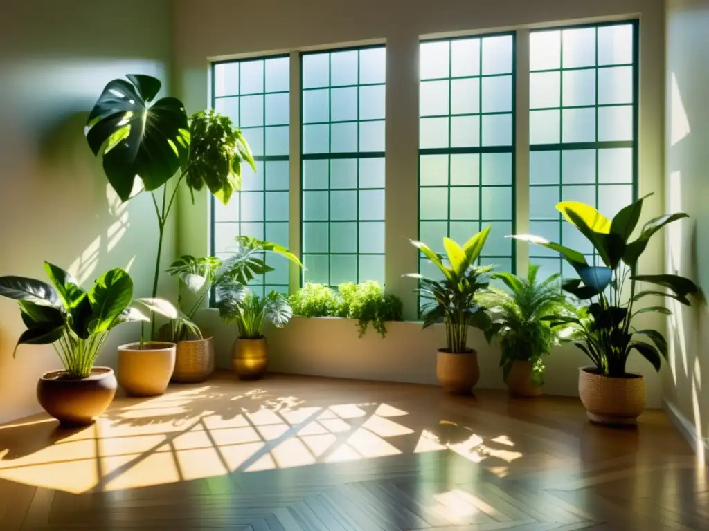 Un ambiente soleado con plantas vibrantes simulando luz solar para plantas