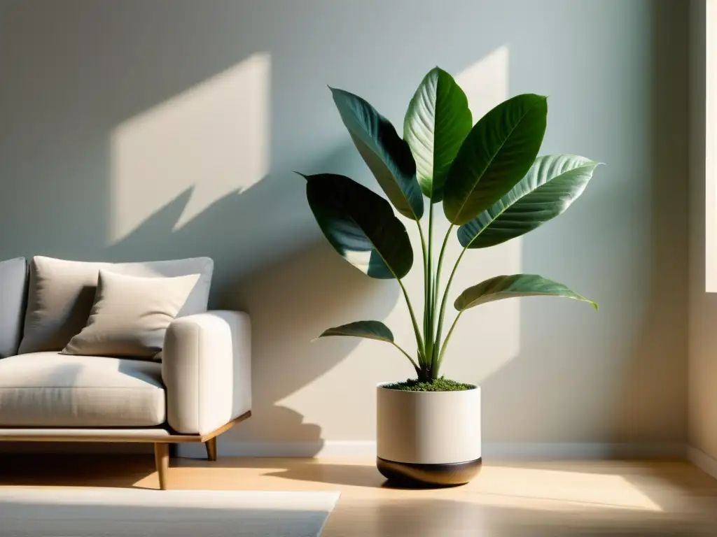 Ambiente tranquilo con planta de interior en elegante maceta, aportando armonía y equilibrio al espacio