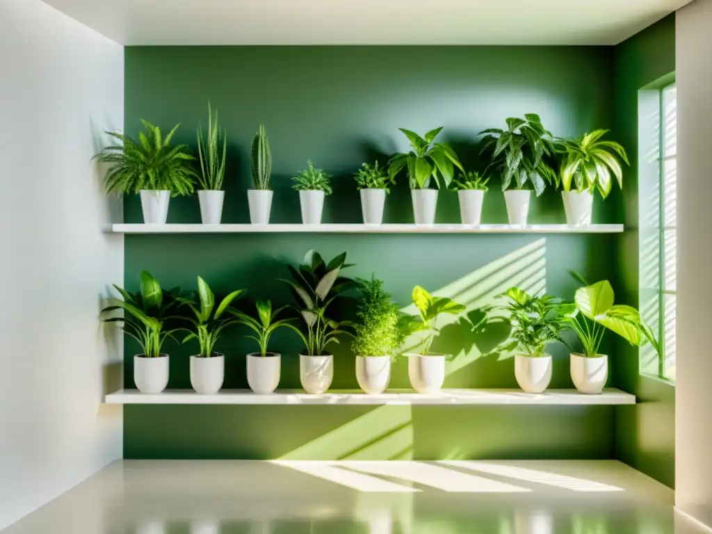 Amplia sala iluminada por el sol, con plantas de interior para aromaterapia en estantes modernos, creando un ambiente sereno y acogedor