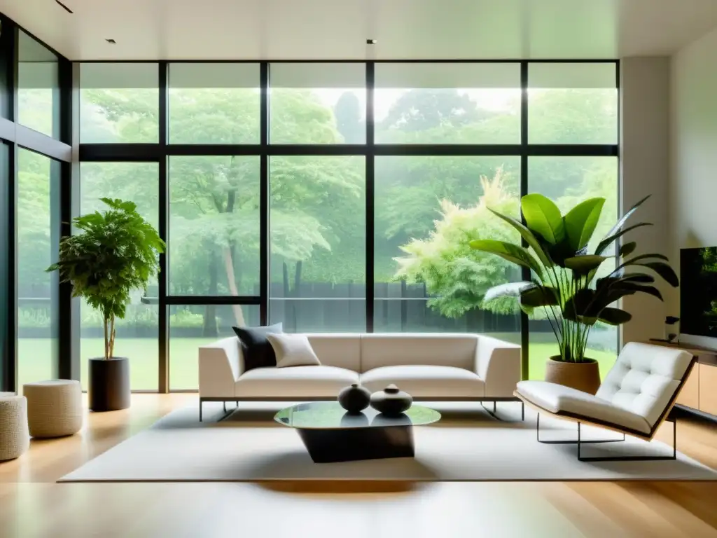 Amplia sala de estar moderna con plantas de interior para purificar aire, decoración minimalista y ventanales inundando el espacio con luz natural