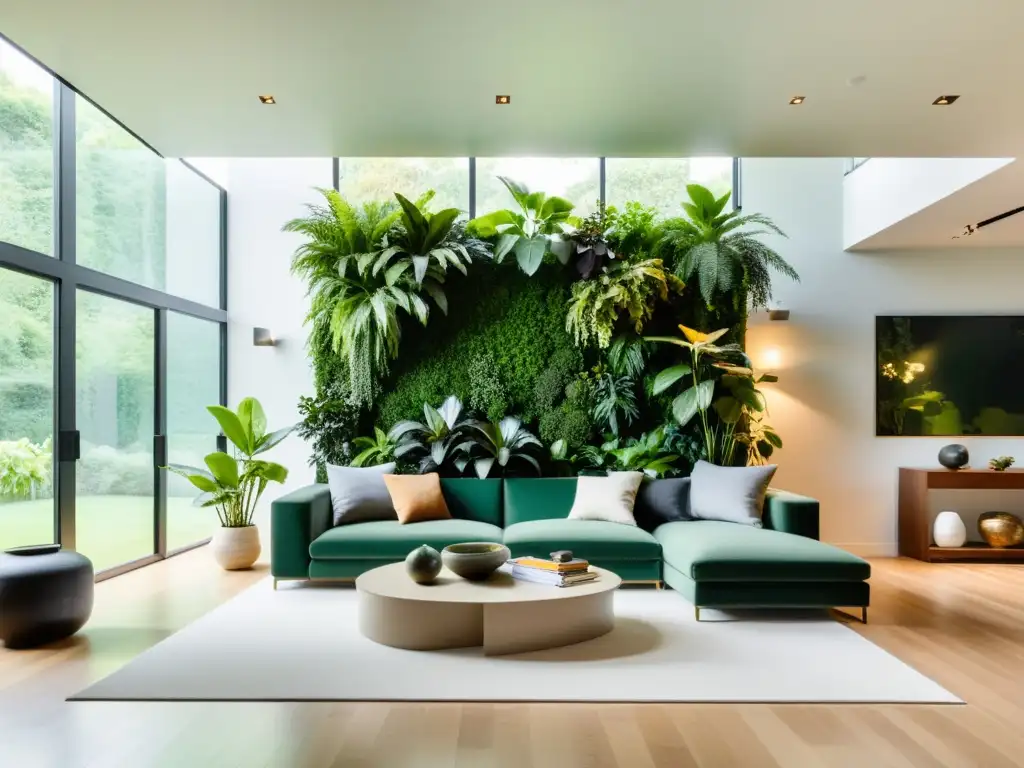 Amplia sala moderna con techo verde sostenible, plantas de interior y gran ventana que inunda de luz natural, creando un ambiente acogedor y pacífico