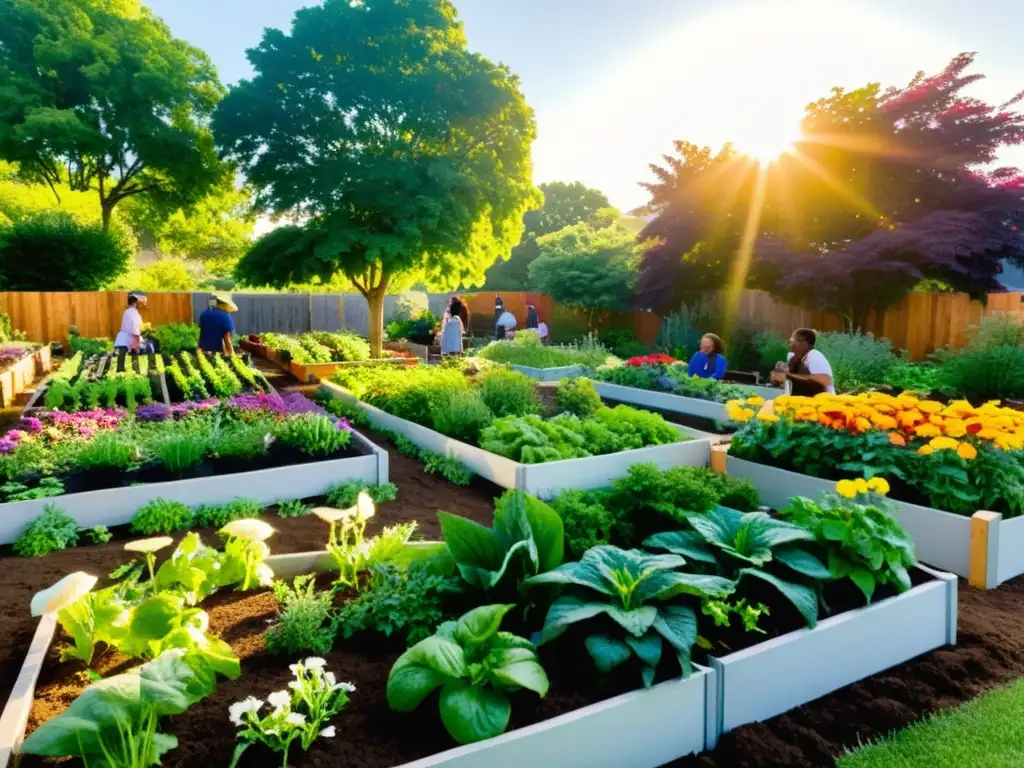 Un animado jardín comunitario rebosante de vida, donde los miembros cuidan de las plantas y hortalizas, bañado por la cálida luz del sol