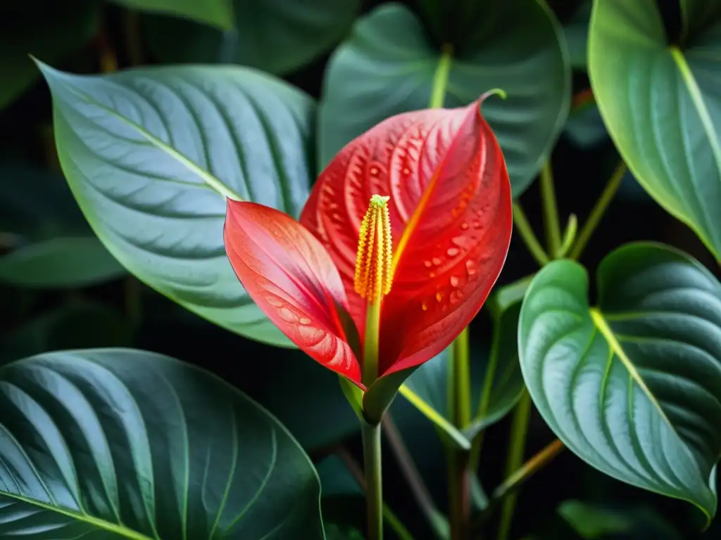 Anthurium rojo vibrante: belleza natural en casa Un anthurium rojo vibrante destaca entre exuberante follaje verde oscuro, capturando su belleza en un ambiente sereno