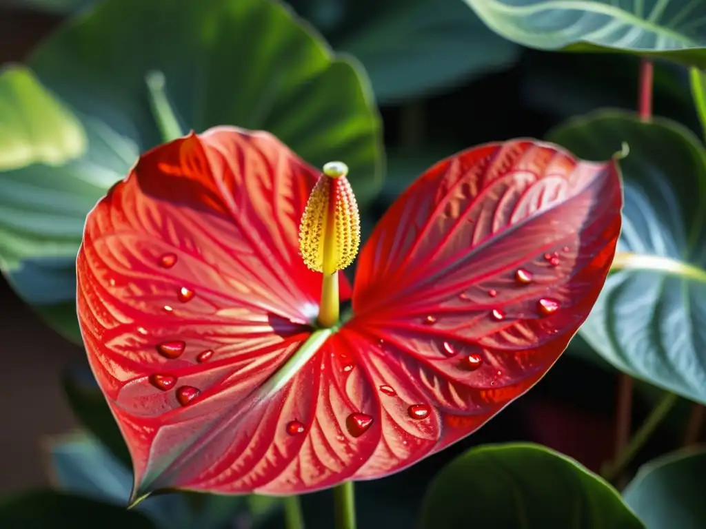 Anthurium rojo: belleza etérea y serena Un anthurium rojo vibrante, con hojas brillantes, filtrando la luz solar