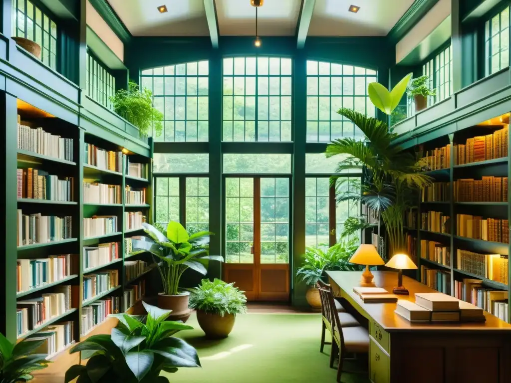 Un antiguo jardín interior con plantas exuberantes en una biblioteca, mostrando la relación entre el cuidado de plantas de interior en literatura