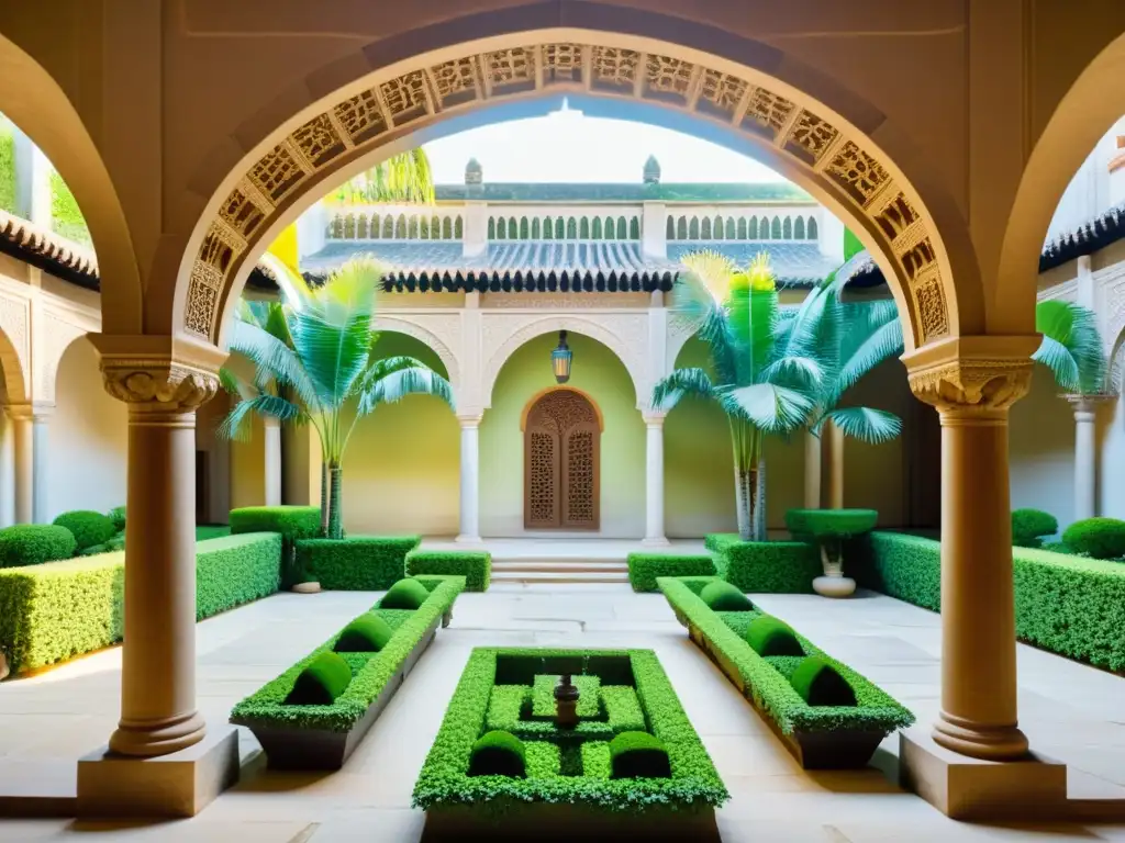 Un antiguo patio interior milenario con cuidado de plantas de interior, exuberante y simétrico, bañado por luz natural filtrada