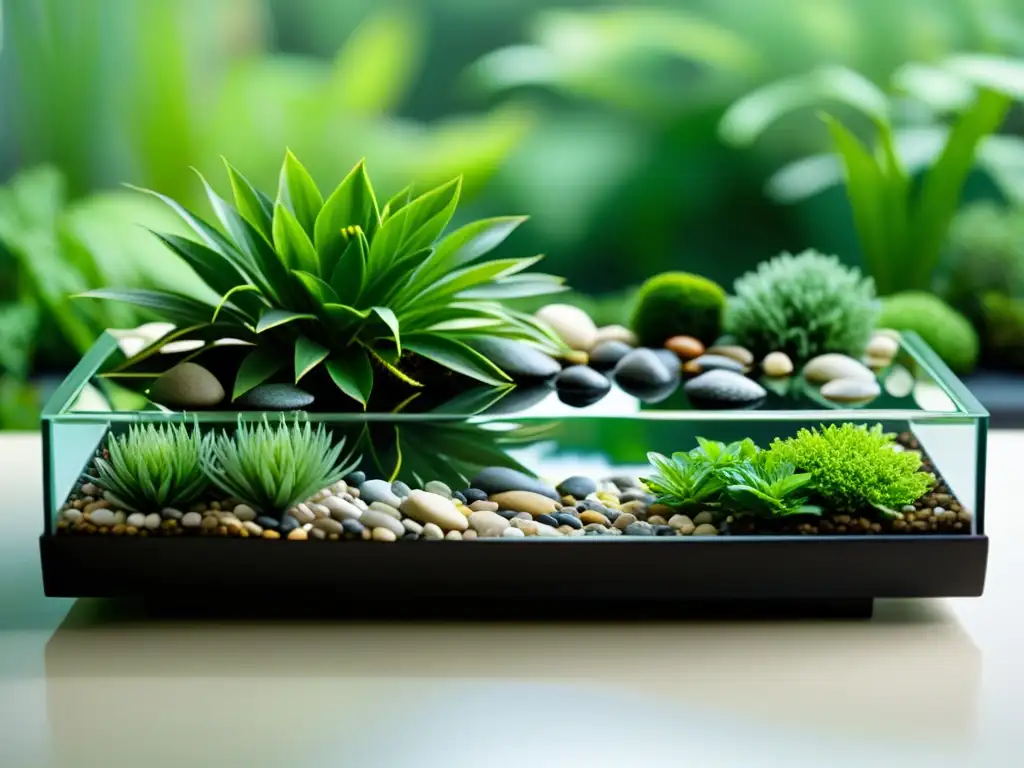 Jardín acuático en miniatura: belleza serena y natural Un apacible minijardín acuático para interiores con plantas verdes y un puente decorativo sobre el agua tranquila, iluminado por suave luz natural