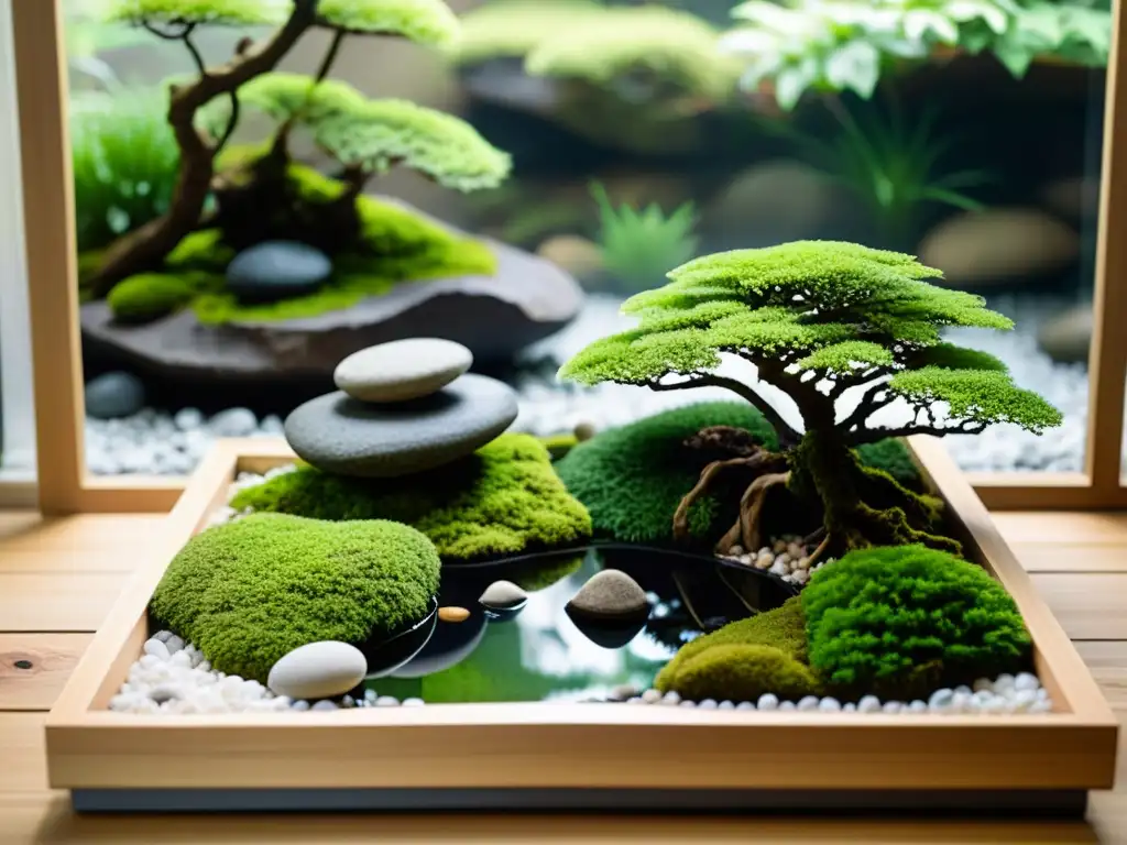 Un apacible jardín acuático en miniatura para interiores, con un pequeño estanque rodeado de musgo, bonsáis y rocas, creando un ambiente zen