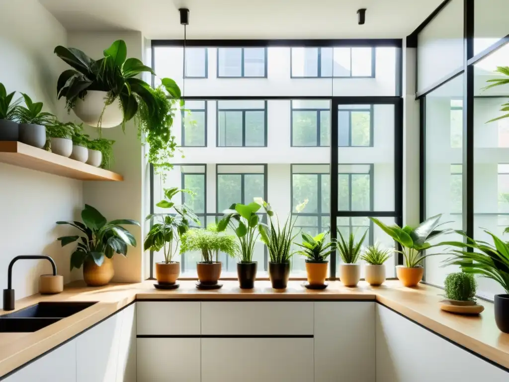 Un apartamento iluminado por el sol con una decoración minimalista y exuberante vegetación