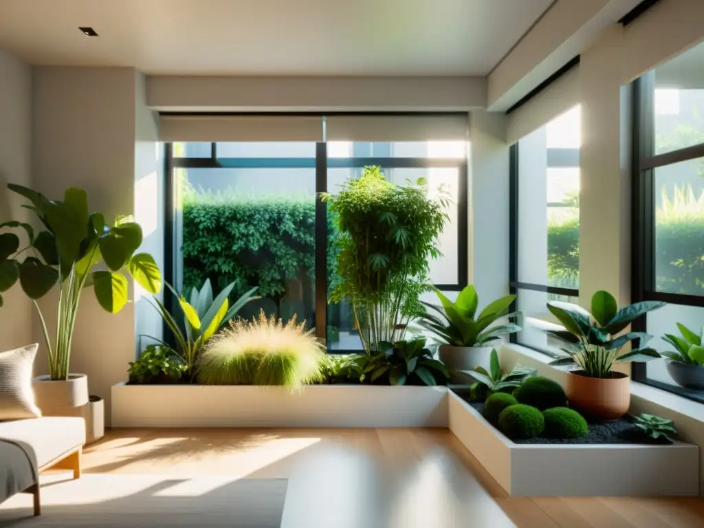 Un apartamento minimalista con cuidado minijardín interior y plantas, bañado por luz solar