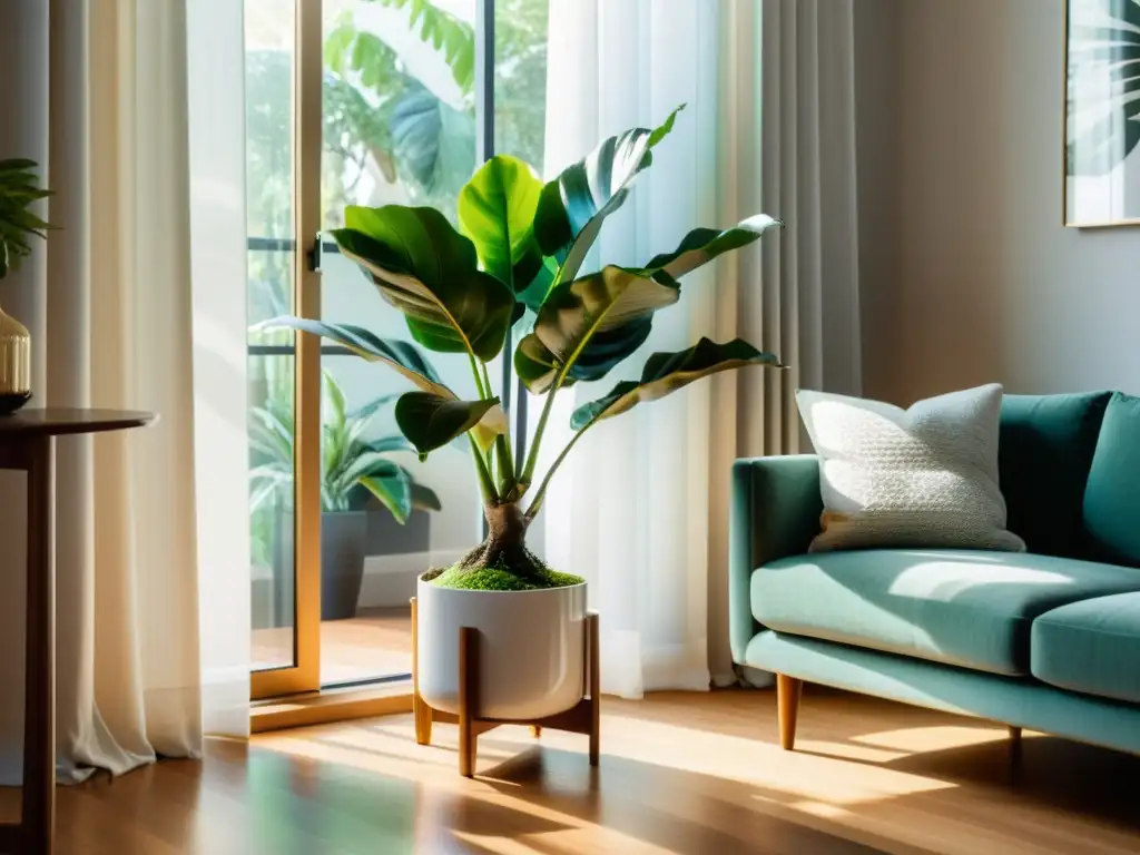 Un apartamento moderno con una ventana que deja entrar la luz del sol, destacando una planta de interior que mejora la calidad del aire