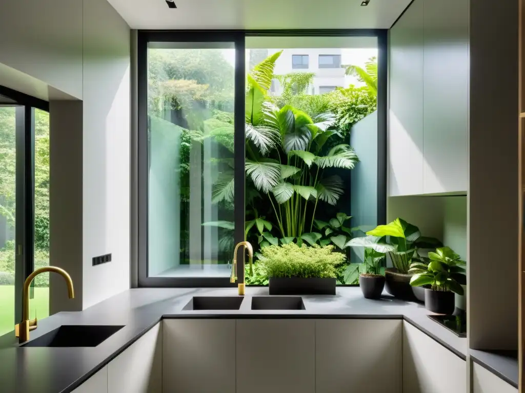 Un apartamento moderno con ventana de piso a techo, plantas verdes y luz natural