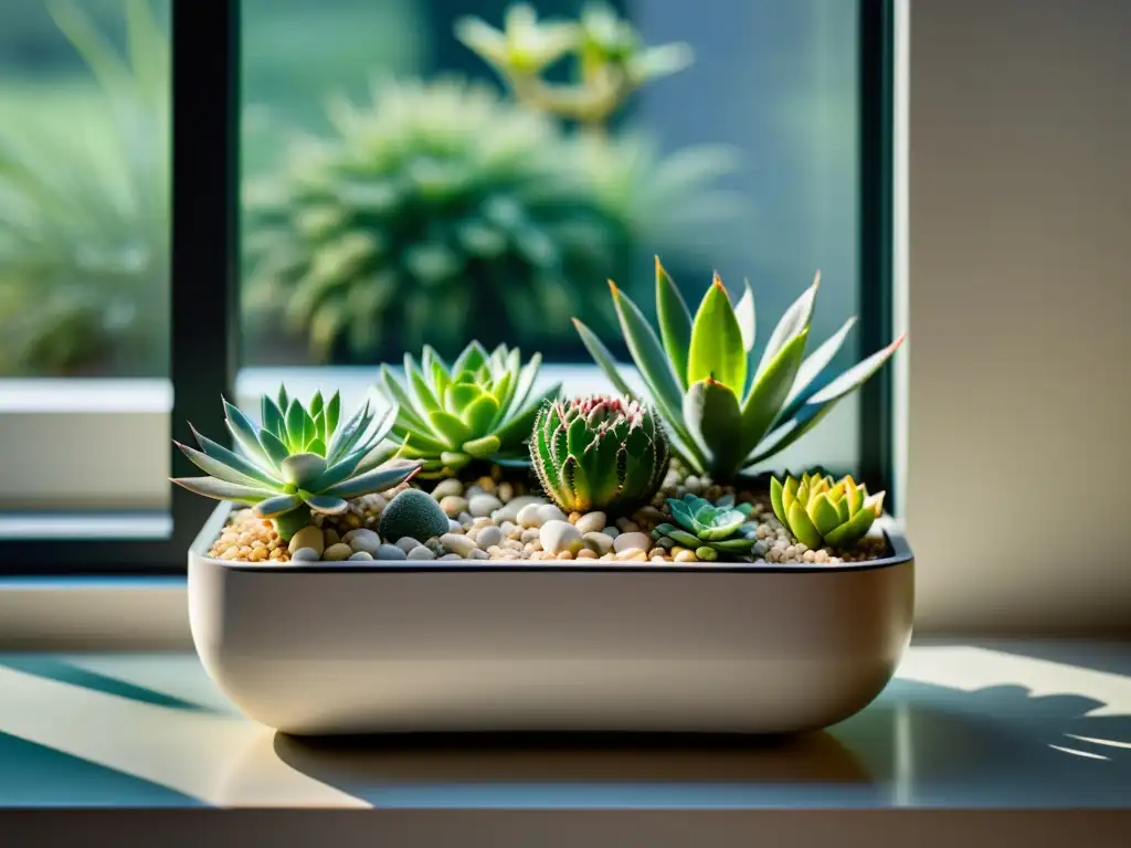 Microjardín para apartamentos pequeños: sereno y minimalista, con suculentas y cactus en un elegante jardín geométrico junto a la ventana