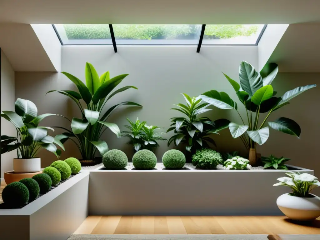 Aplicaciones móviles para cuidado de plantas: Jardín interior minimalista con plantas vibrantes en macetas geométricas, bañadas por suave luz natural