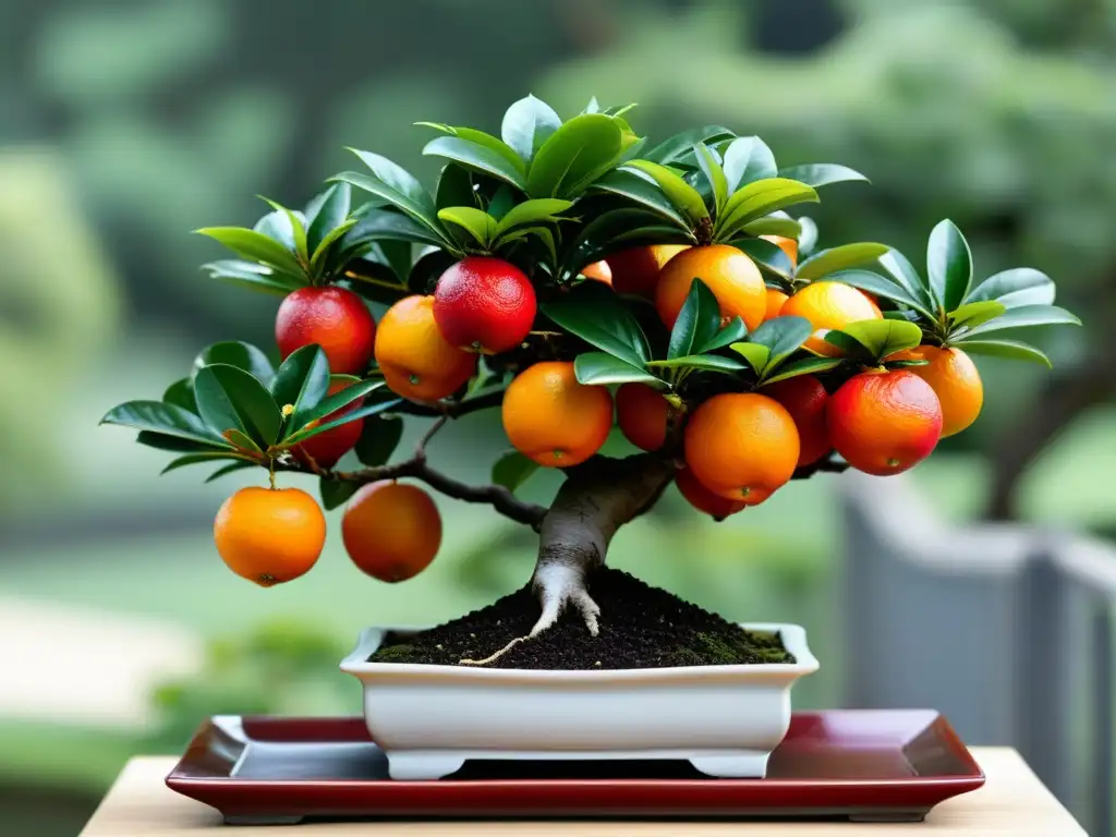 Un árbol bonsái de frutas asiático meticulosamente cuidado con naranjas perfectamente formadas