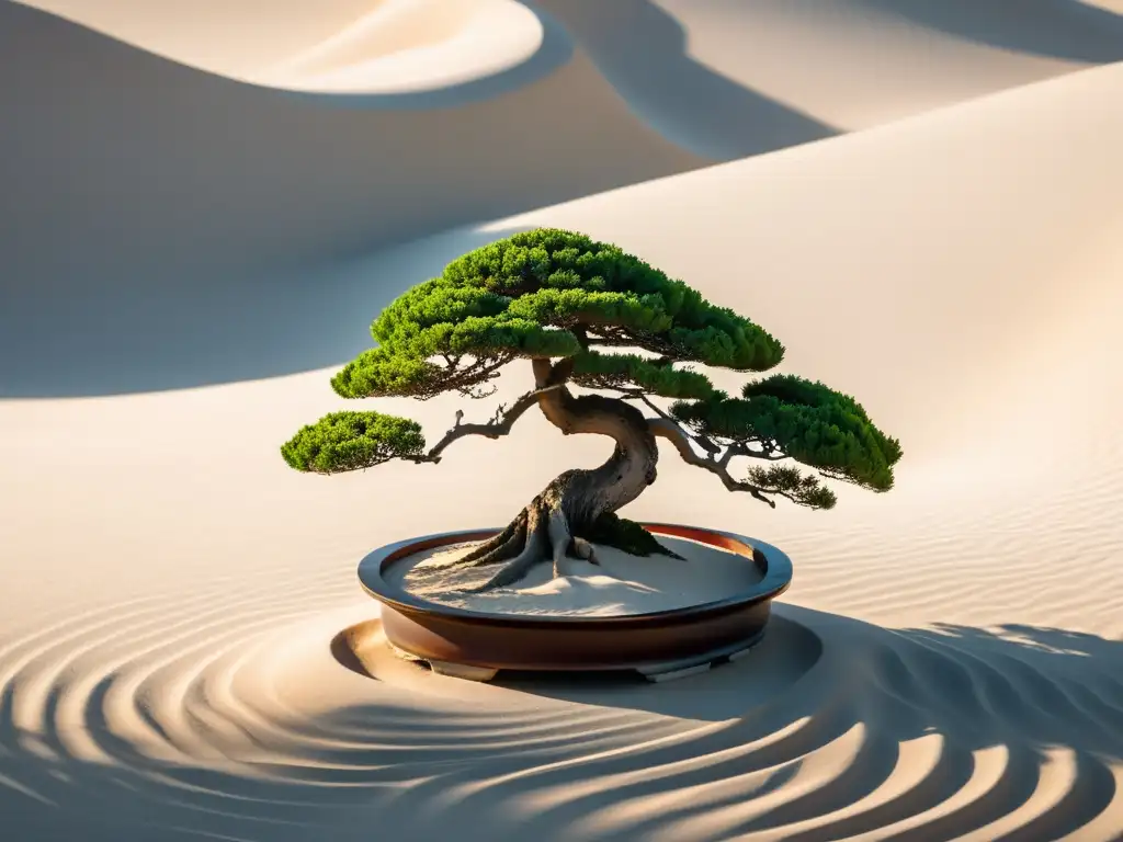 Un árbol bonsái japonés cuidadosamente podado en un jardín zen, iluminado por la suave luz natural