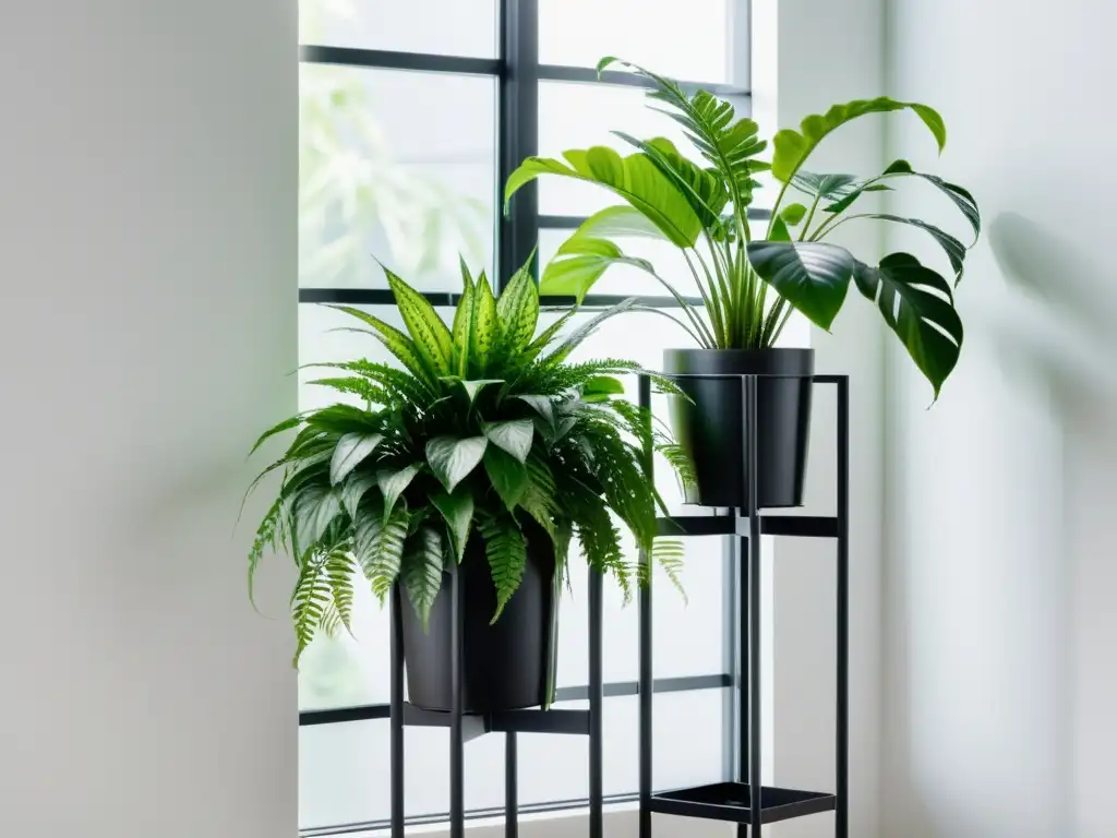 Armonía de plantas de interior combinando ciclos de vida en moderno soporte negro