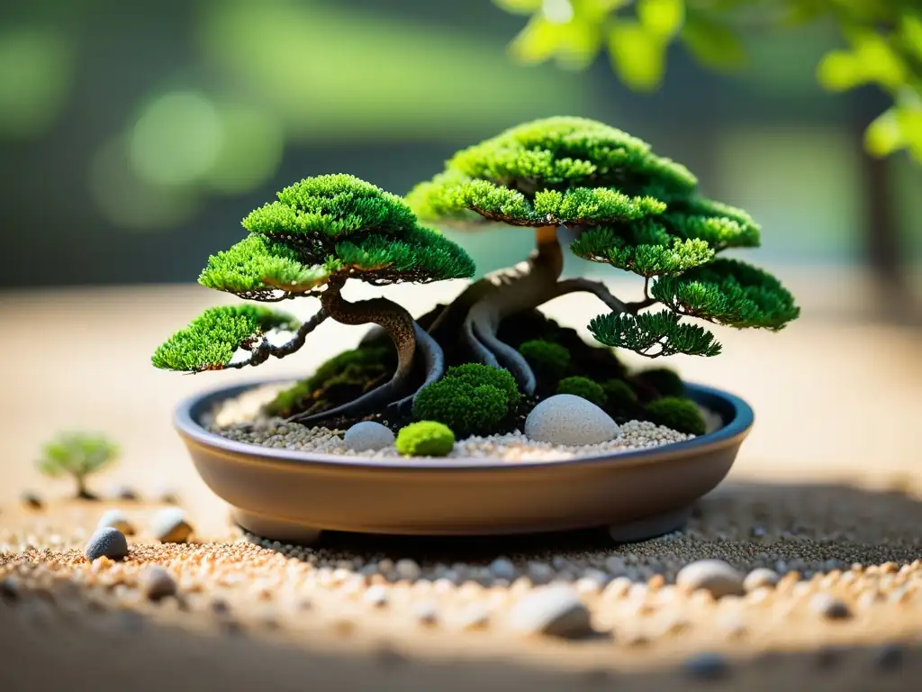 Armoniosa combinación de bonsáis para micro bosque en un jardín de plato poco profundo, emanando tranquilidad y equilibrio