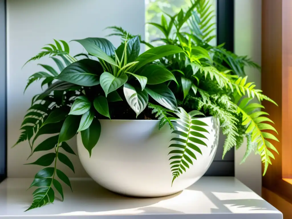 Una armoniosa combinación de plantas de interior en macetas, con exuberante vegetación en una elegante maceta blanca y luz natural filtrada