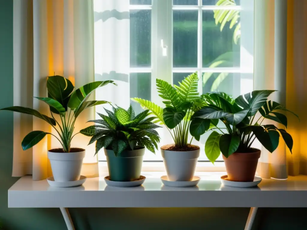 Una armoniosa fila de exuberantes plantas de interior en una ventana iluminada por el sol, evocando serenidad y belleza natural