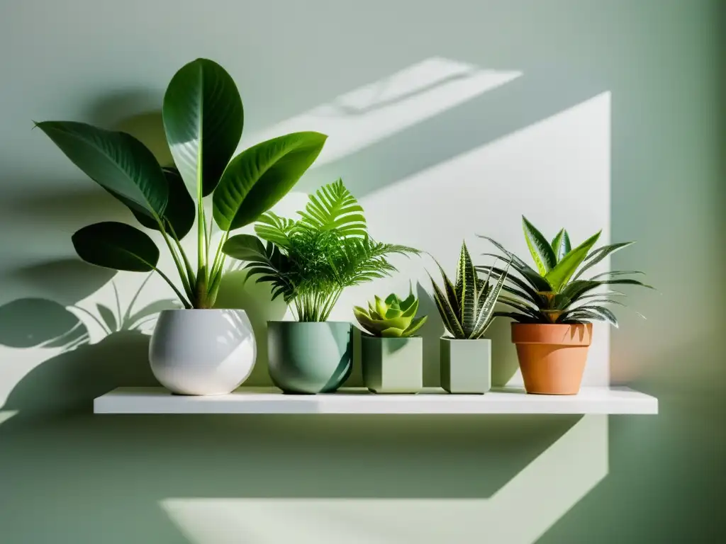 Armoniosa combinación de plantas de interior según luz, exhibiendo equilibrio y elegancia en un entorno sereno y minimalista