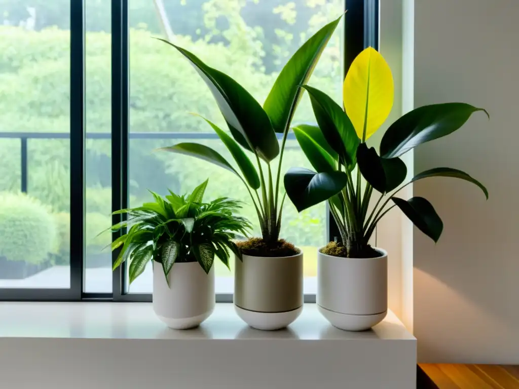 Una armoniosa y serena decoración de plantas de interior estilo sustentable en modernos y elegantes maceteros neutros