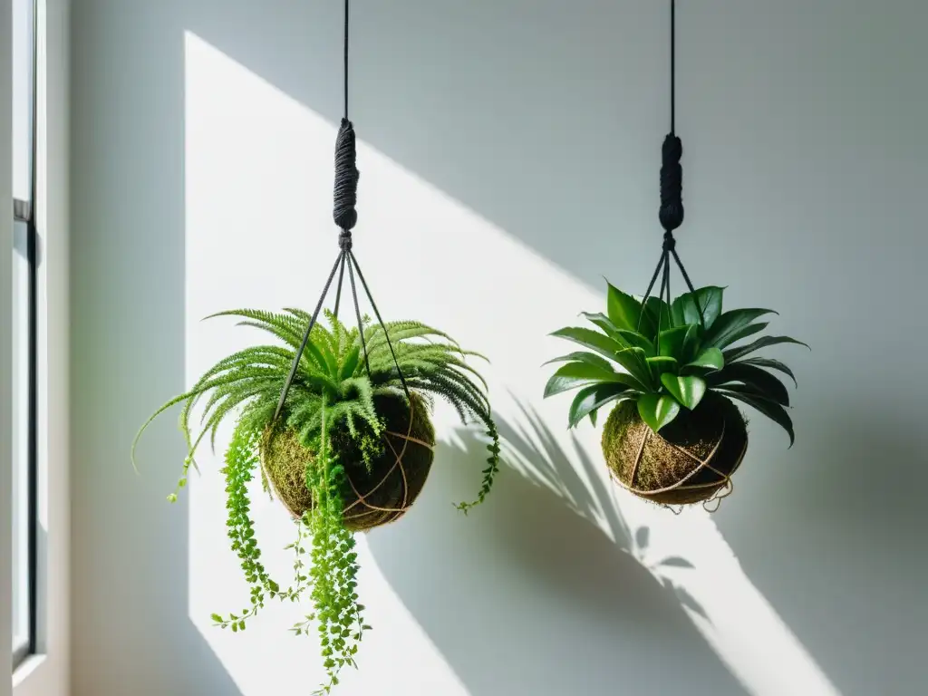 Armoniosa técnica japonesa Kokedamas plantas interior suspendidas en elegantes cuerdas, sobre fondo blanco sereno