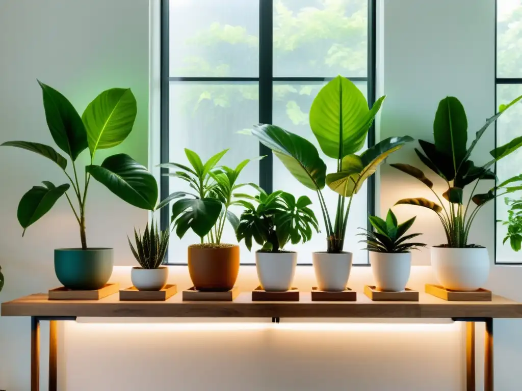 Un jardín interior armonioso y relajante, con plantas de interior para filtrar compuestos, en un espacio sereno y luminoso