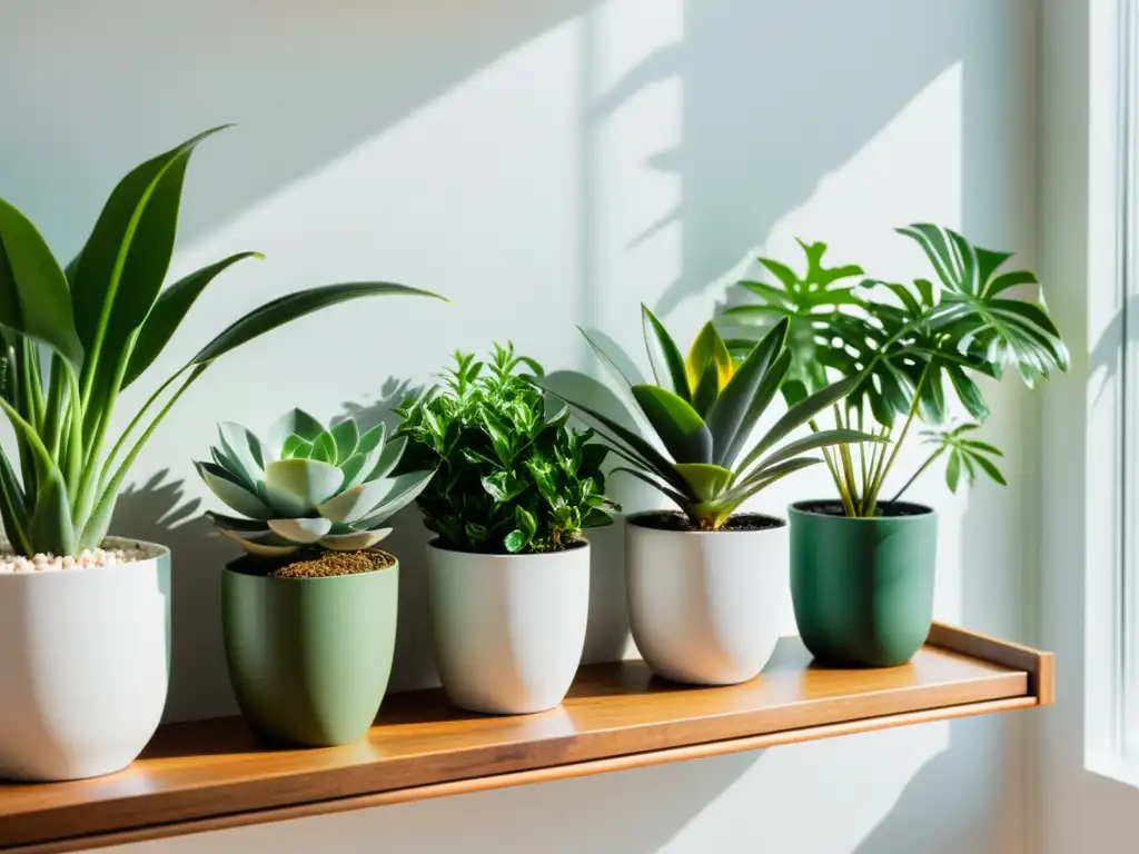 Un jardín interior armonioso y vibrante en un estante de madera, resaltando los beneficios de plantas de interior