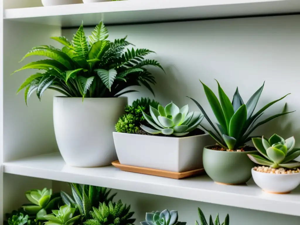 Arreglo moderno de jardín interior con plantas vibrantes en macetas blancas