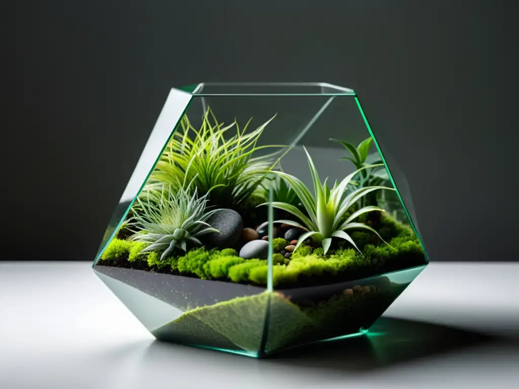 Arreglo moderno de terrario de cristal con musgo, piedras y plantas aéreas, creando una elegante decoración con terrarios para interiores