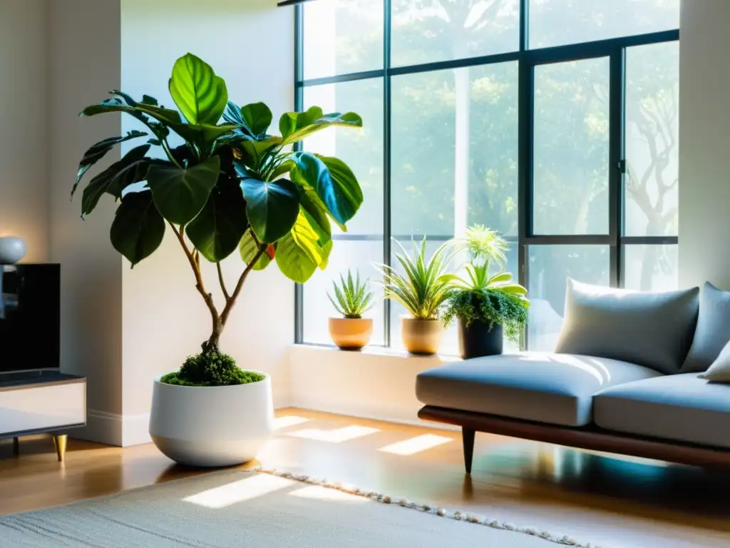 Arreglo de plantas en combinaciones inusuales en un salón minimalista blanco, creando un oasis interior sereno y armonioso