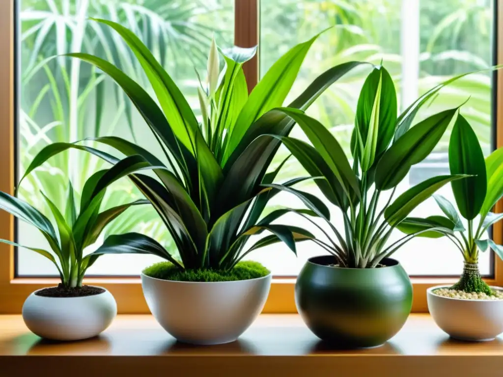 Arreglo de plantas para eliminar formaldehído en un espacio interior luminoso y sereno con mobiliario contemporáneo y plantas de interior de diseño