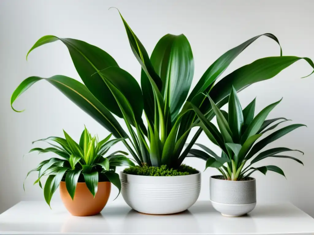 Arreglo de plantas de interior para purificar aire con serenidad y belleza natural en un espacio minimalista blanco