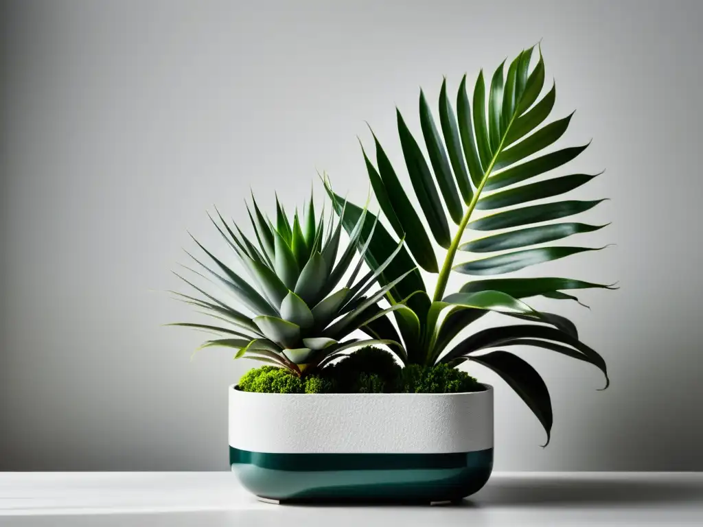 Un arreglo de plantas de interior minimalista en modernos maceteros, con una variedad de texturas y colores