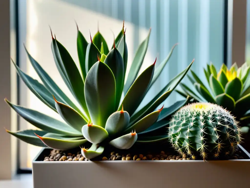 Arreglo de plantas de interior resistentes a condiciones difíciles en maceta moderna, bañadas por suave luz solar