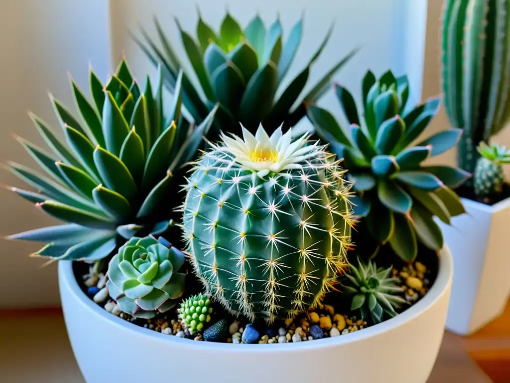 Arreglo simétrico de cactus y suculentas en maceta blanca mate, iluminado por luz natural