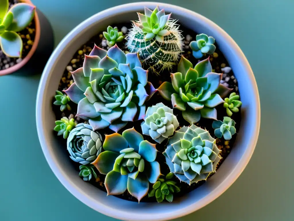 Arreglo simétrico de cactus y suculentas en maceta moderna, iluminado por luz natural