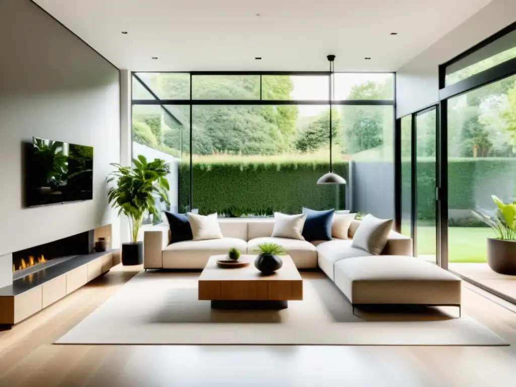 Arte de la arquitectura interior con plantas: Sala moderna con ventanales que muestran un jardín verde y amueblada con estilo escandinavo y plantas