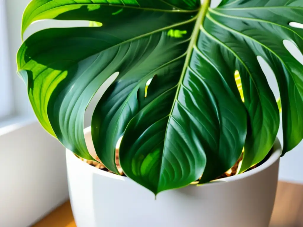 Arte de la arquitectura interior con plantas: Monstera deliciosa en maceta blanca, hojas verdes y texturas, juego de sombras y luz natural