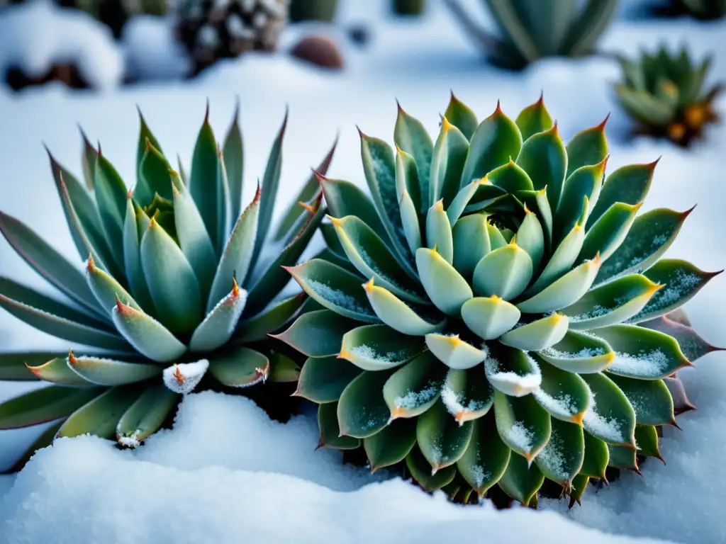 Arte invernal: cactus y suculentas en la nieve, mostrando su resistencia