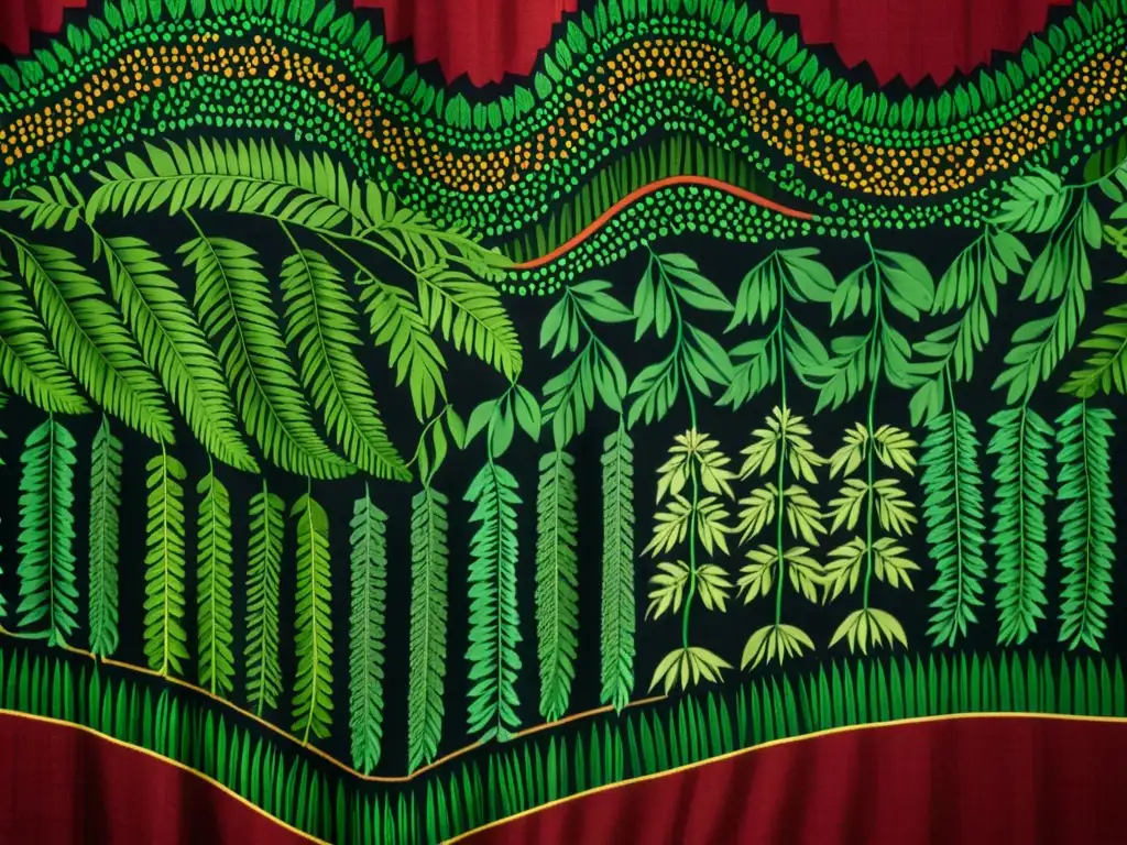 Arte textil tradicional con plantas interiores vibrantes, que destaca la conexión entre el cuidado de las plantas de interior y la historia cultural