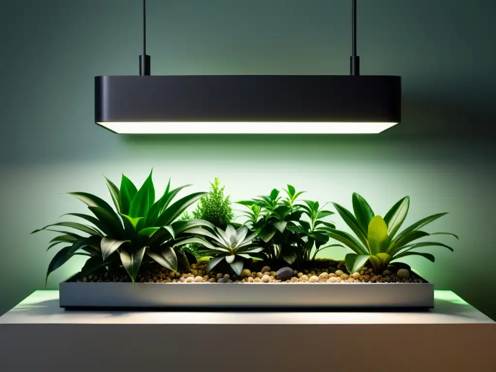 Iluminación artificial para plantas de interior: Fotografía detallada de jardín interior moderno, con iluminación LED cálida y fría resaltando plantas