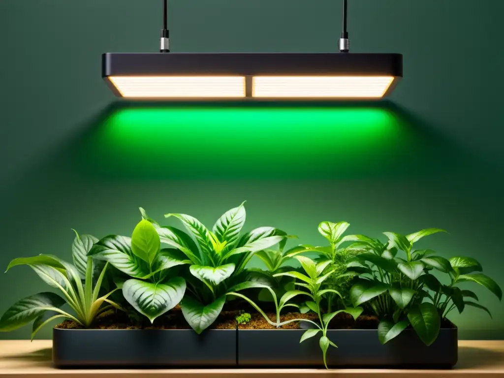 'Iluminación artificial para plantas de interior: Imagen detallada de una exuberante huerta interior iluminada por una moderna luz LED, creando un ambiente de armonía y vitalidad