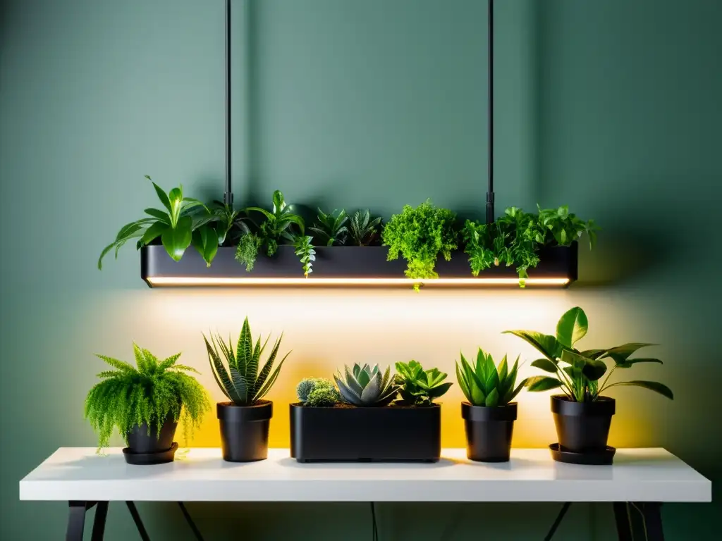 Iluminación artificial para plantas de interior: panel LED moderno ilumina exuberante jardín interior con suave resplandor cálido